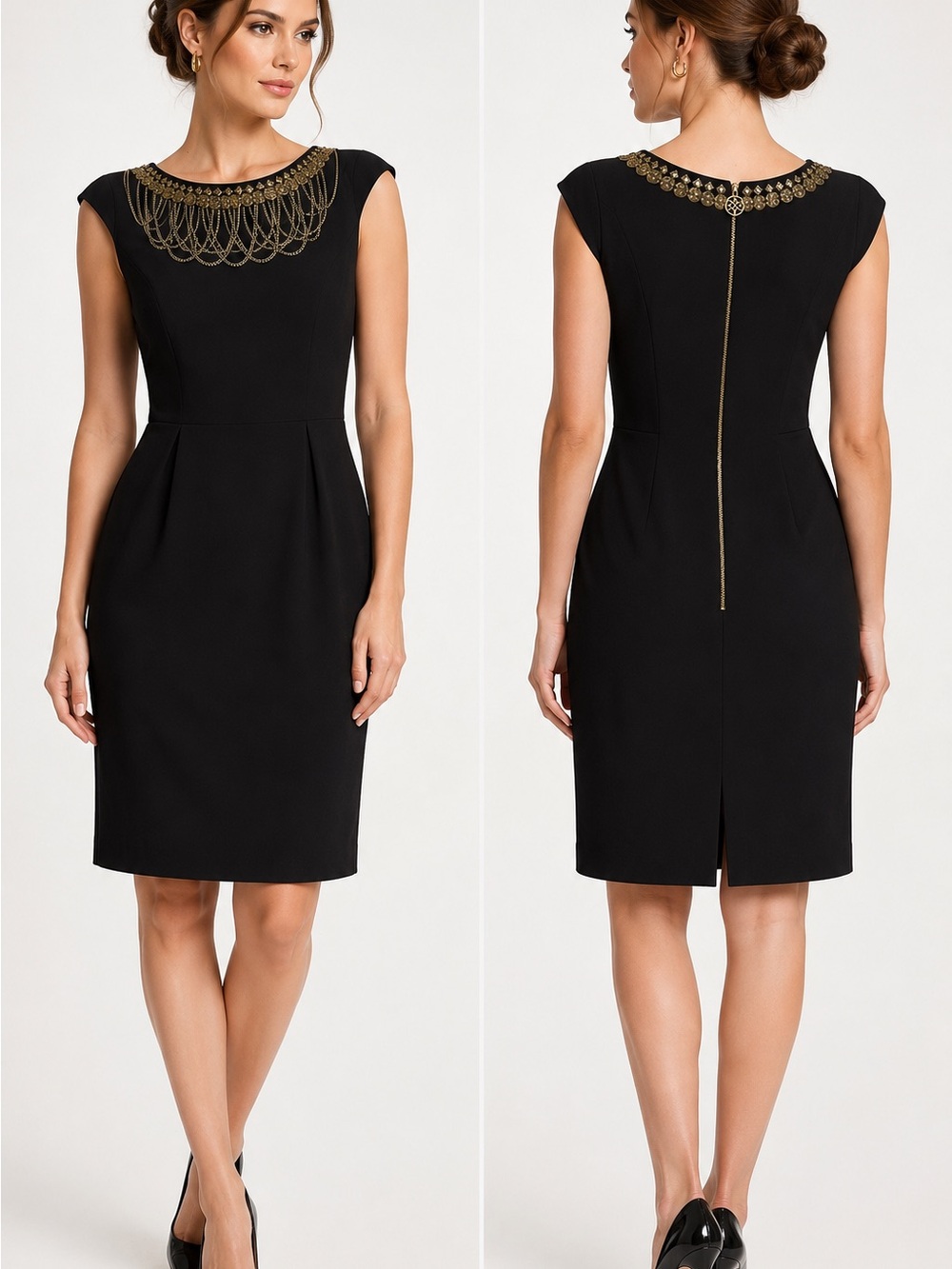 DILLARDS ANTONIO MELANI Black Midi Sheath Dress ART DECO Brass Embellishment